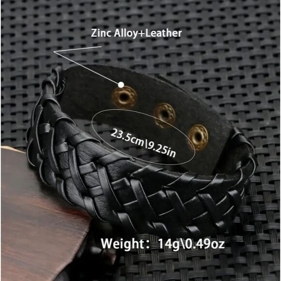 Black Boho Stitch Faux leather Snap Bracelet Adjustable 9.25" - Picture 3 of 4